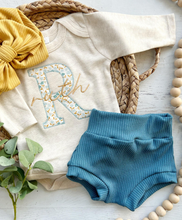 Load image into Gallery viewer, Personalized Baby Girl Outfit | Blue White Floral Initial Golden Yellow Baby Name