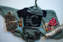 Load image into Gallery viewer, Personalized Camo Baby Boy Outfit | Summer Black Bodysuit With Camo Initial Green Baby Name