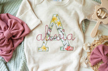 Load image into Gallery viewer, Personalized Baby Girl Outfit | Oatmeal Romper Floral Big Letter Initial Pink Baby Name