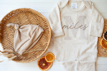 Load image into Gallery viewer, Personalized Baby Boy Outfit | Oatmeal Romper Beige Stripe Big Letter Taupe Baby Name