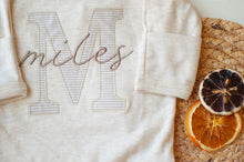 Load image into Gallery viewer, Personalized Baby Boy Outfit | Oatmeal Romper Beige Stripe Big Letter Taupe Baby Name