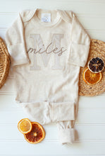 Load image into Gallery viewer, Personalized Baby Boy Outfit | Oatmeal Romper Beige Stripe Big Letter Taupe Baby Name