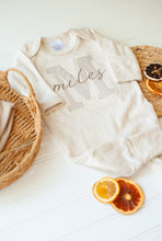 Load image into Gallery viewer, Personalized Baby Boy Outfit | Oatmeal Romper Beige Stripe Big Letter Taupe Baby Name