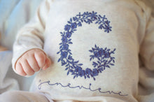 Load image into Gallery viewer, Personalized Baby Girl Outfit | Oatmeal Beige Romper Purple Floral Letter