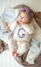 Load image into Gallery viewer, Personalized Baby Girl Outfit | Oatmeal Beige Romper Purple Floral Letter