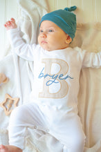 Load image into Gallery viewer, Personalized Newborn Baby Boy Outfit | White Romper Beige Stripe Blue Baby Name