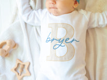 Load image into Gallery viewer, Personalized Newborn Baby Boy Outfit | White Romper Beige Stripe Blue Baby Name