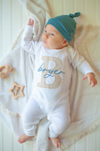 Load image into Gallery viewer, Personalized Newborn Baby Boy Outfit | White Romper Beige Stripe Blue Baby Name