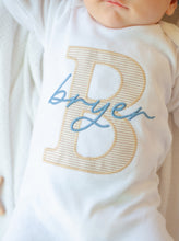 Load image into Gallery viewer, Personalized Newborn Baby Boy Outfit | White Romper Beige Stripe Blue Baby Name