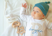Load image into Gallery viewer, Personalized Newborn Baby Boy Outfit | White Romper Beige Stripe Blue Baby Name