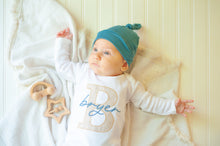 Load image into Gallery viewer, Personalized Newborn Baby Boy Outfit | White Romper Beige Stripe Blue Baby Name