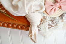 Load image into Gallery viewer, Personalized Baby Girl Outfit | Oatmeal Knotted Gown Floral Pink Gold - style: ElizabethGown