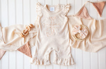 Load image into Gallery viewer, Personalized Baby Girl Outfit | Oatmeal Flutter Sleeve Ruffle Romper Tiny Floral Baby Name
