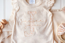 Load image into Gallery viewer, Personalized Baby Girl Outfit | Oatmeal Flutter Sleeve Ruffle Romper Tiny Floral Baby Name