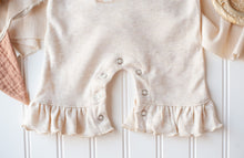 Load image into Gallery viewer, Personalized Baby Girl Outfit | Oatmeal Flutter Sleeve Ruffle Romper Tiny Floral Baby Name