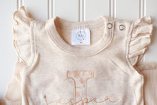 Load image into Gallery viewer, Personalized Baby Girl Outfit | Oatmeal Flutter Sleeve Ruffle Romper Tiny Floral Baby Name