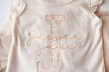 Load image into Gallery viewer, Personalized Baby Girl Outfit | Oatmeal Flutter Sleeve Ruffle Romper Tiny Floral Baby Name