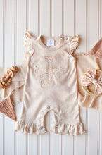 Load image into Gallery viewer, Personalized Baby Girl Outfit | Oatmeal Flutter Sleeve Ruffle Romper Tiny Floral Baby Name