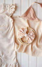 Load image into Gallery viewer, Personalized Baby Girl Outfit | Oatmeal Flutter Sleeve Ruffle Romper Tiny Floral Baby Name