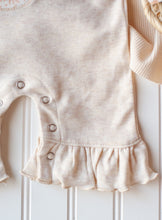 Load image into Gallery viewer, Personalized Baby Girl Outfit | Oatmeal Flutter Sleeve Ruffle Romper Tiny Floral Baby Name