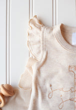 Load image into Gallery viewer, Personalized Baby Girl Outfit | Oatmeal Flutter Sleeve Ruffle Romper Tiny Floral Baby Name