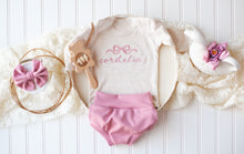 Load image into Gallery viewer, Personalized Baby Girl Outfit | Oatmeal Bodysuit Pink Ballet Bow Initial Baby Name