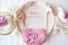 Load image into Gallery viewer, Personalized Baby Girl Outfit | Oatmeal Bodysuit Pink Ballet Bow Initial Baby Name