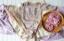 Load image into Gallery viewer, Personalized Baby Girl Outfit | Mocha Brown Baby Tie Gown Purple Pink Baby Name