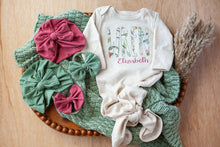 Load image into Gallery viewer, Personalized Baby Girl | Oatmeal Knotted Gown Green White Floral Pink with Name