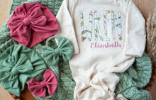 Load image into Gallery viewer, Personalized Baby Girl | Oatmeal Knotted Gown Green White Floral Pink with Name
