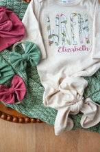Load image into Gallery viewer, Personalized Baby Girl | Oatmeal Knotted Gown Green White Floral Pink with Name