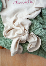 Load image into Gallery viewer, Personalized Baby Girl | Oatmeal Knotted Gown Green White Floral Pink with Name