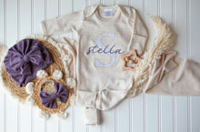Load image into Gallery viewer, Personalized Baby Girl Outfit | Oatmeal Beige Romper Purple Baby Name