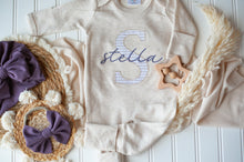 Load image into Gallery viewer, Personalized Baby Girl Outfit | Oatmeal Beige Romper Purple Baby Name