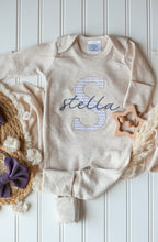 Load image into Gallery viewer, Personalized Baby Girl Outfit | Oatmeal Beige Romper Purple Baby Name