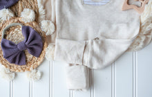 Load image into Gallery viewer, Personalized Baby Girl Outfit | Oatmeal Beige Romper Purple Baby Name
