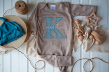 Load image into Gallery viewer, Personalized Baby Boy Name Outfit | Mocha Brown Romper Blue Initial