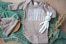 Load image into Gallery viewer, Personalized Newborn Baby Boy Outfit | Mocha Brown Romper Beige Stripe Green Baby Name