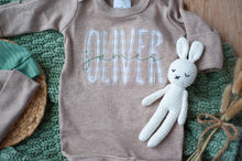 Load image into Gallery viewer, Personalized Newborn Baby Boy Outfit | Mocha Brown Romper Beige Stripe Green Baby Name