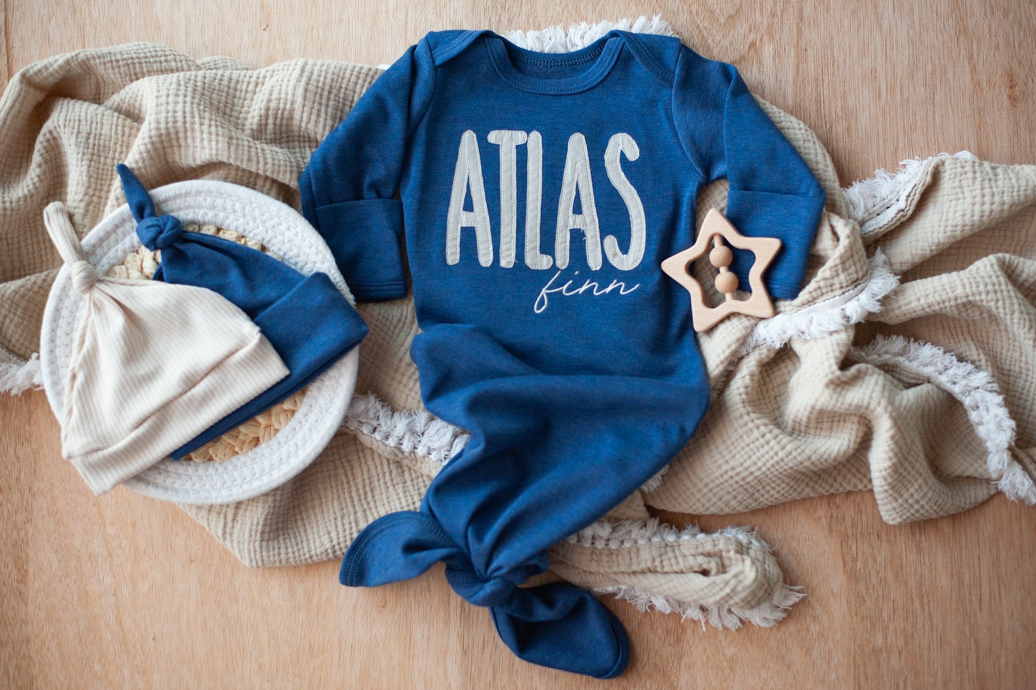 Personalized Baby Boy Outfit | Heather Navy Blue Knotted Gown Beige Custom Baby Name Gown + both hats
