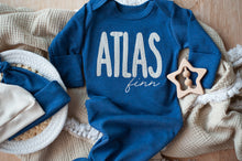 Load image into Gallery viewer, Personalized Baby Boy Outfit | Heather Navy Blue Knotted Gown Beige Custom Baby Name