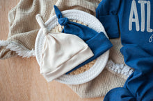 Load image into Gallery viewer, Personalized Baby Boy Outfit | Heather Navy Blue Knotted Gown Beige Custom Baby Name