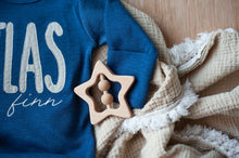 Load image into Gallery viewer, Personalized Baby Boy Outfit | Heather Navy Blue Knotted Gown Beige Custom Baby Name