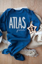 Load image into Gallery viewer, Personalized Baby Boy Outfit | Heather Navy Blue Knotted Gown Beige Custom Baby Name