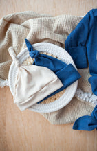 Load image into Gallery viewer, Personalized Baby Boy Outfit | Heather Navy Blue Knotted Gown Beige Custom Baby Name