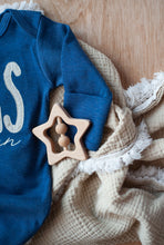 Load image into Gallery viewer, Personalized Baby Boy Outfit | Heather Navy Blue Knotted Gown Beige Custom Baby Name