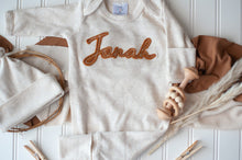 Load image into Gallery viewer, Personalized Newborn Baby Boy Outfit | Oatmeal Romper Rust Felt Baby Name