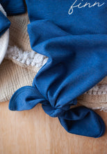 Load image into Gallery viewer, Personalized Baby Boy Outfit | Heather Navy Blue Knotted Gown Beige Custom Baby Name