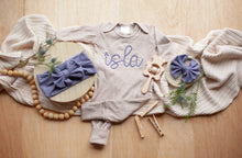 Load image into Gallery viewer, Personalized Baby Girl Outfit | Mocha Brown Romper Ellison Purple Chunky Chain Stitch Baby Name