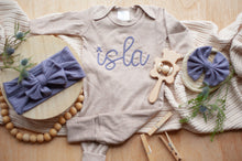 Load image into Gallery viewer, Personalized Baby Girl Outfit | Mocha Brown Romper Ellison Purple Chunky Chain Stitch Baby Name